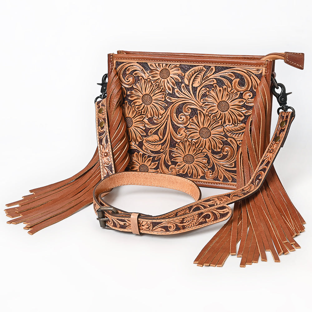 ADBG323 Hand-Tooled Leather Crossbody Bag with Floral Daisies & Fringe Strap | American Darling