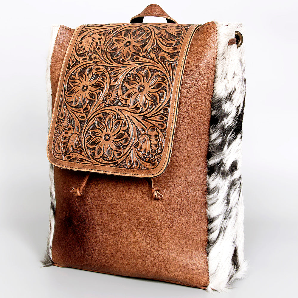 ADBG363 Tooled Leather Cowhide Backpack with Floral Flap & Hair-On Sides