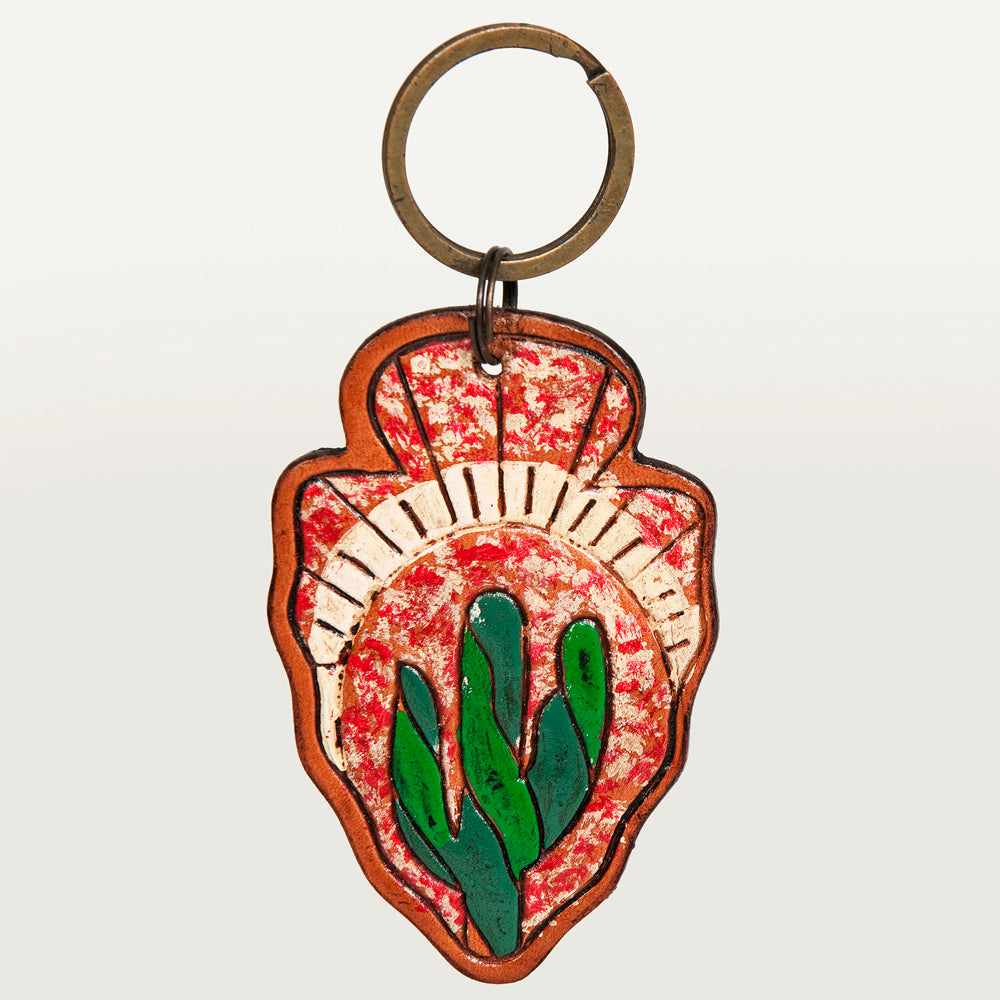 LC-ADKR207 Hand-Tooled Leather Keyring � Arrowhead Shape with Green Cactus & Red Speckled Background