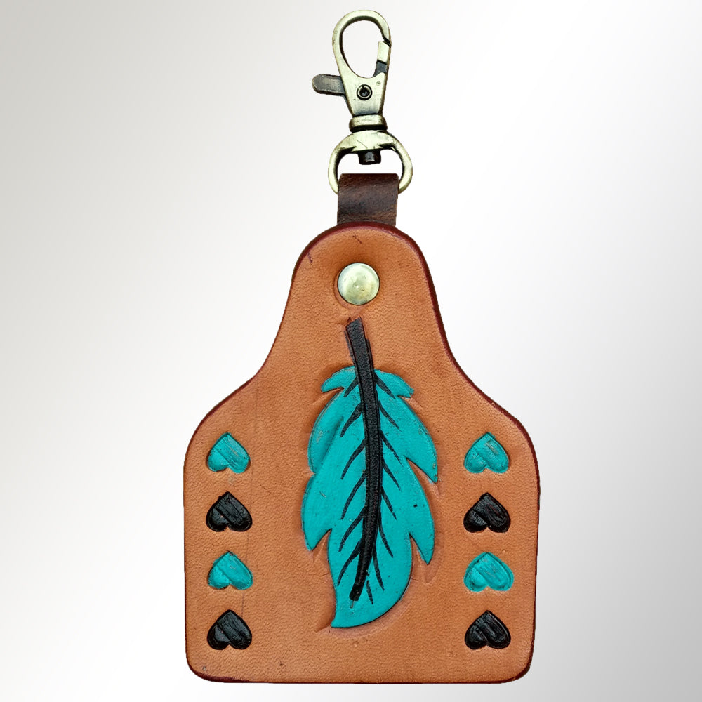 LC-ADKRX116 Hand-Tooled Leather Keyring � Turquoise Feather with Black & Teal Heart Accents