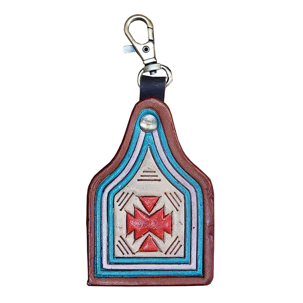 LC-ADKRX130 Hand-Tooled Leather keyring � Southwest Geometric Pattern in Red, Blue & Lavender