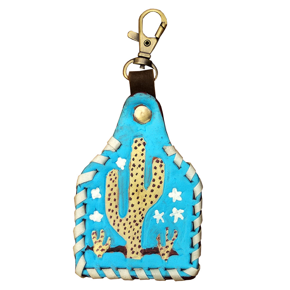 LC-ADKRX131 Hand-Tooled Leather Keyring � Yellow Cactus & Stars on Turquoise with White Lacing