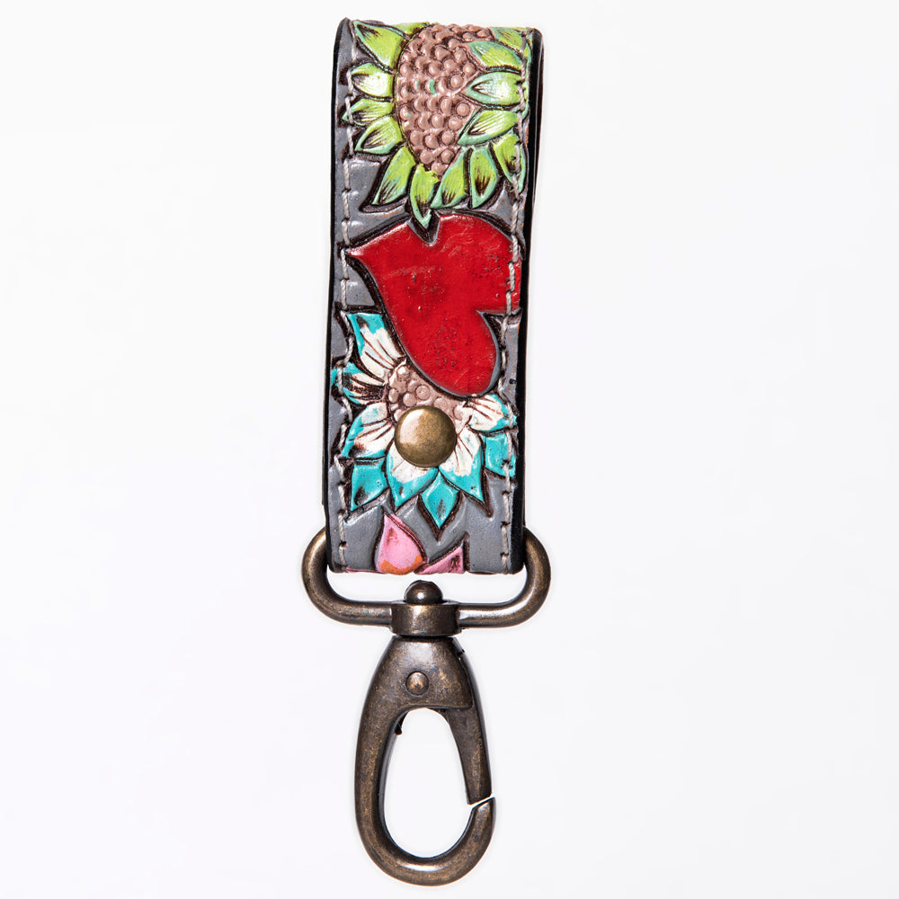 LC-ADKR210S Hand-Tooled Leather keyring � Red Heart & Sunflower Floral on Charcoal