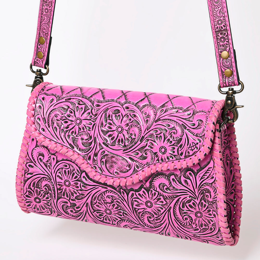 ADBG1137 Pink Hand-Tooled Leather Crossbody Bag - Genuine Western Cowgirl Purse