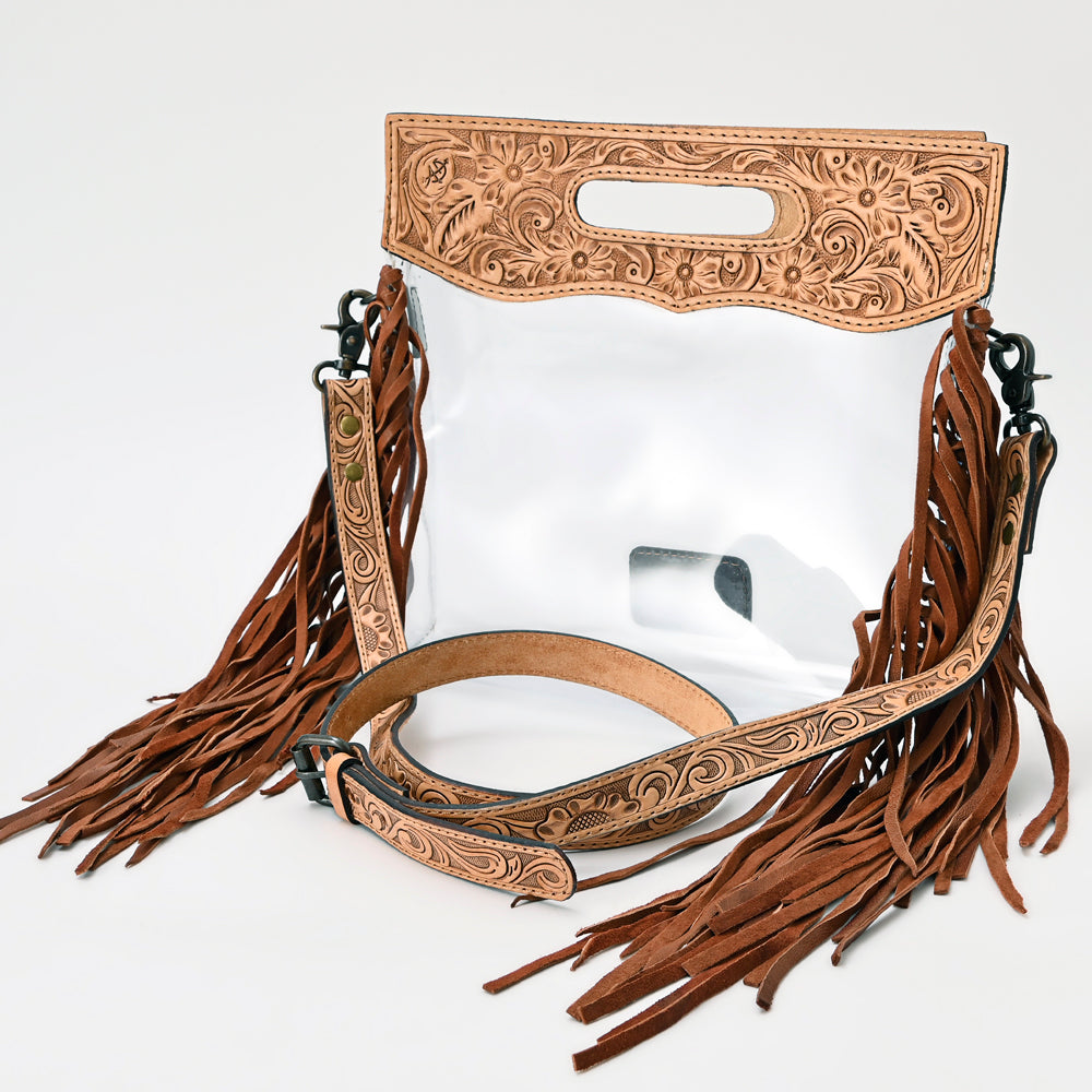 ADBG1172 Clear Western Tooled Leather Crossbody Bag with Fringe - Transparent Body & Floral Handtooling