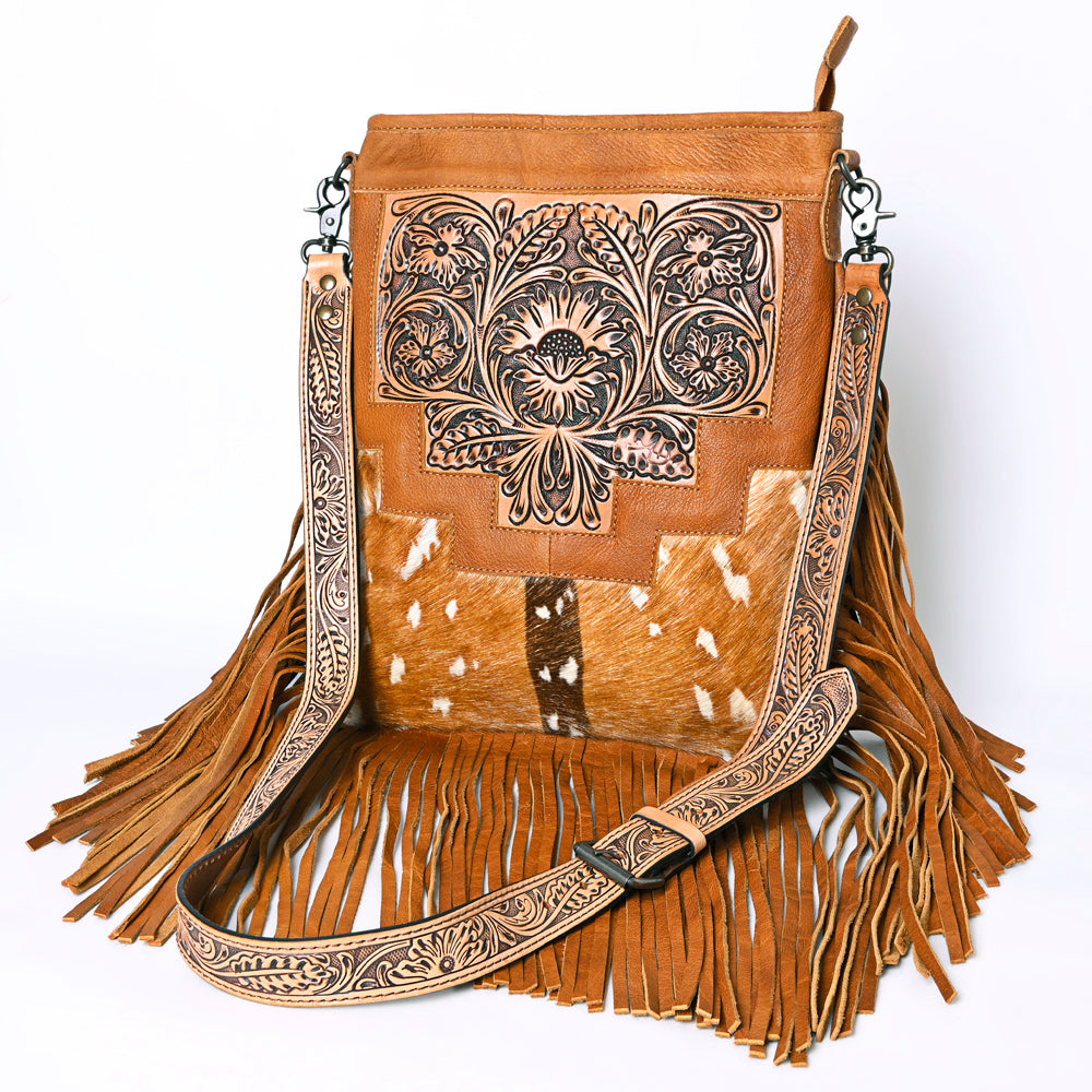 ADBG256 Tooled Leather & Cowhide Fringe Messenger Bag Western Boho Crossbody by American Darling