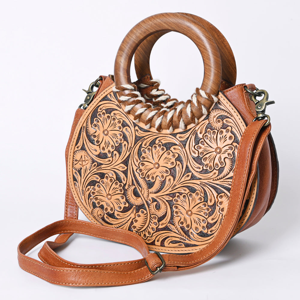 ADBG1227 Clutch Genuine Western Leather Handbag – Genuine Hand Tooled Floral with Round Wooden Handle Women Bag