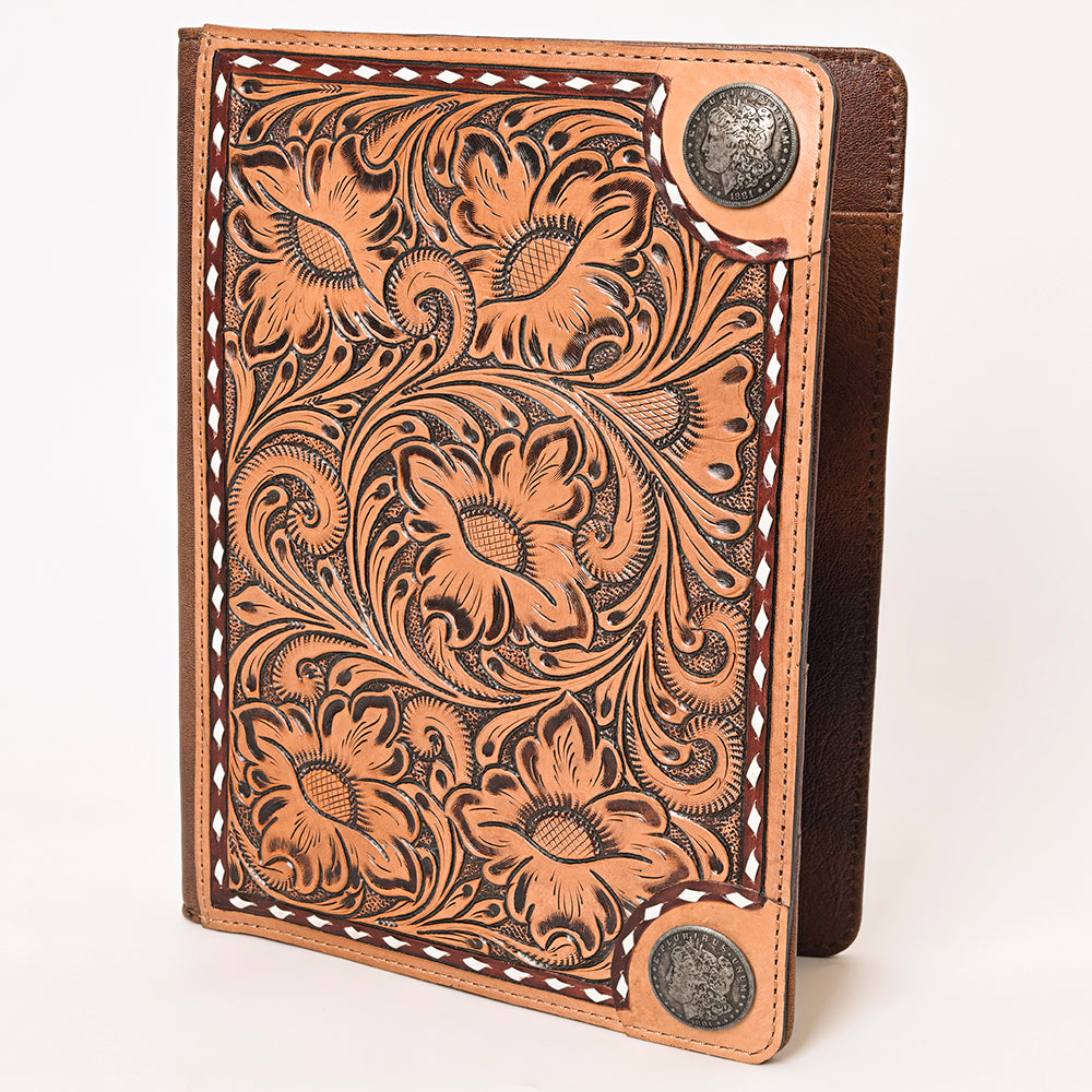 ADBG1266 Hand-Tooled Leather Portfolio with Conchos - Western Floral Binder