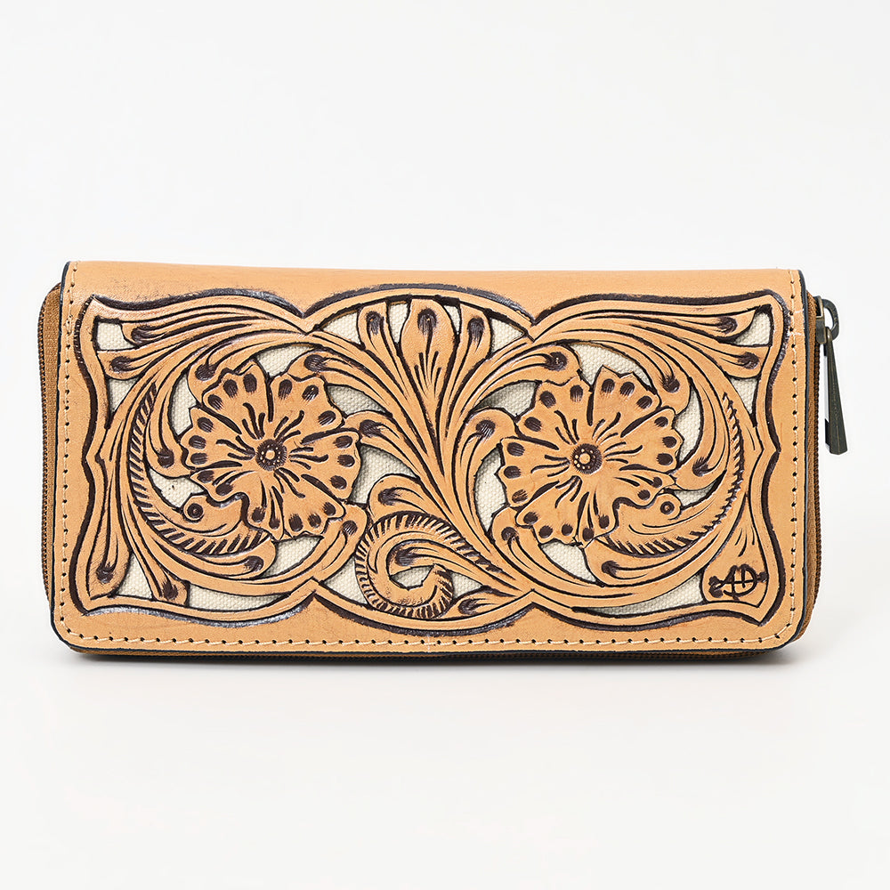 ADBGZ810 Hand-Tooled Leather Wallet - Western Floral Zip Wallet with Inlay