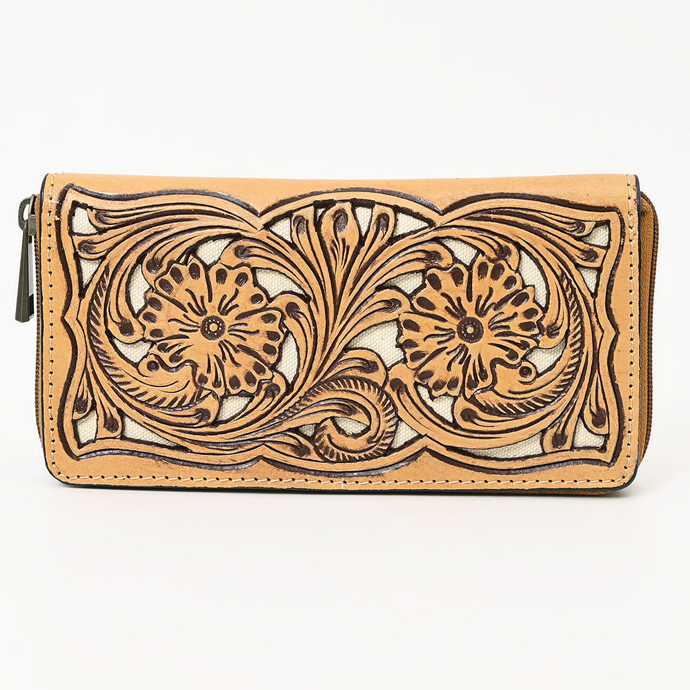 ADBGZ810 Hand-Tooled Leather Wallet - Western Floral Zip Wallet with Inlay
