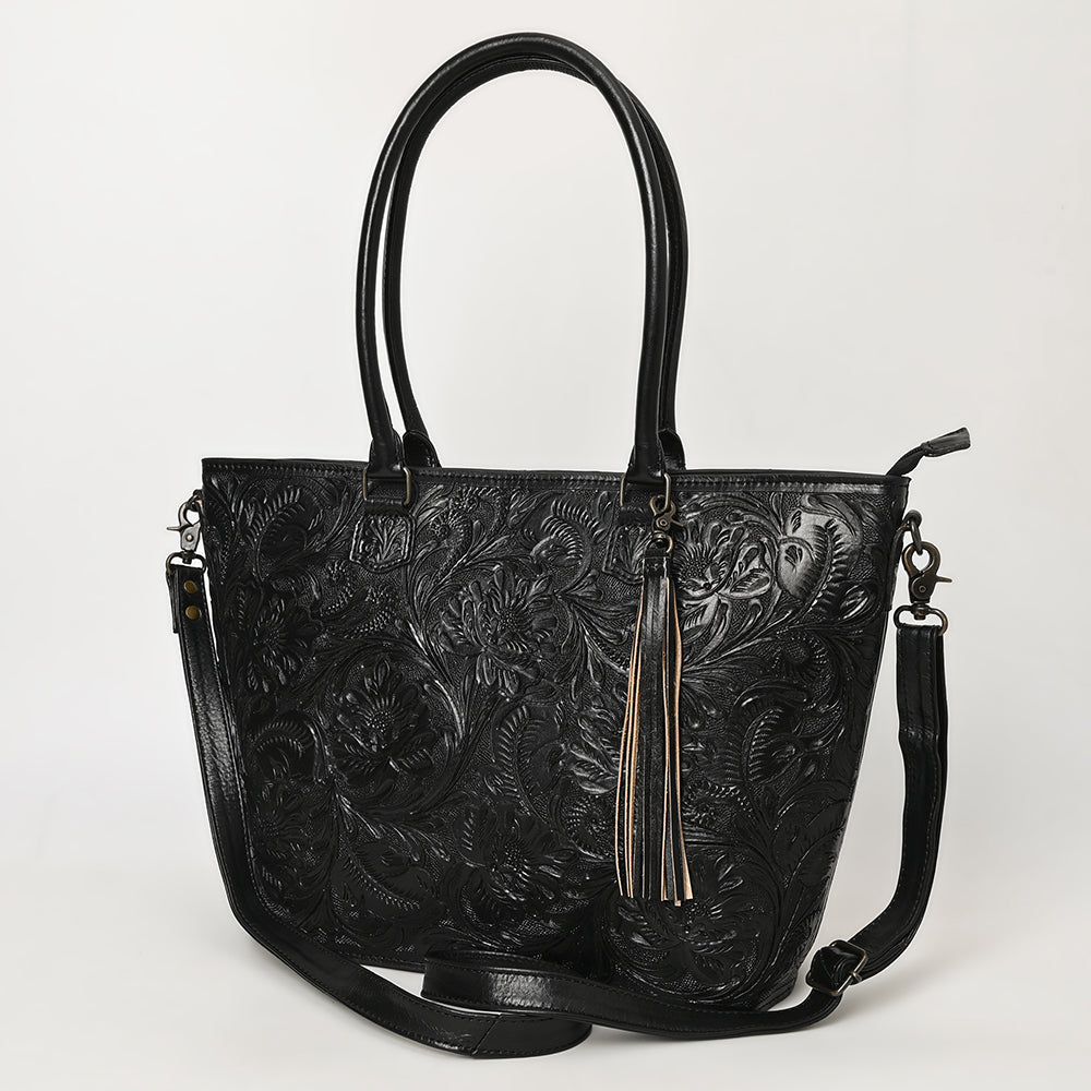 ADBG1480 Hand-Tooled Leather Tote Bag with Tassel and Shoulder Strap