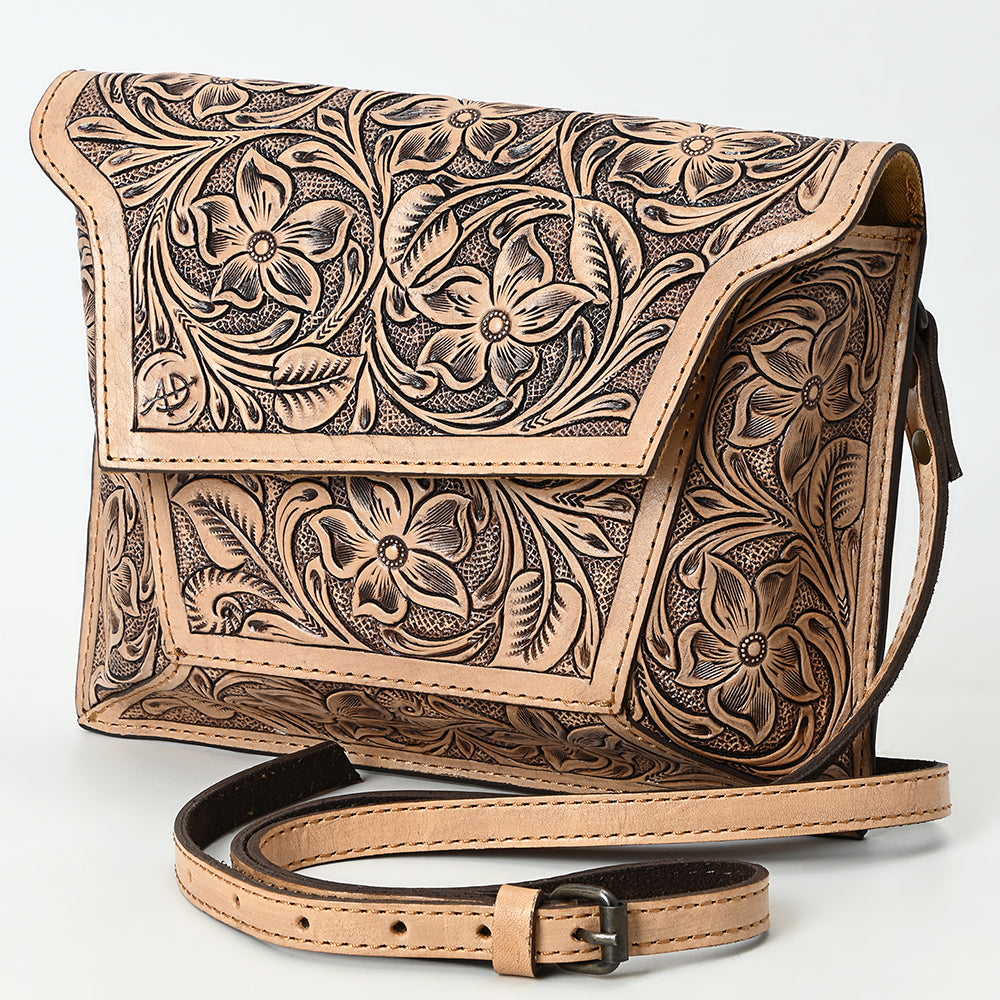 ADBG1469 Full Hand-Tooled Leather Crossbody Bag - Natural Floral Carving by American Darling