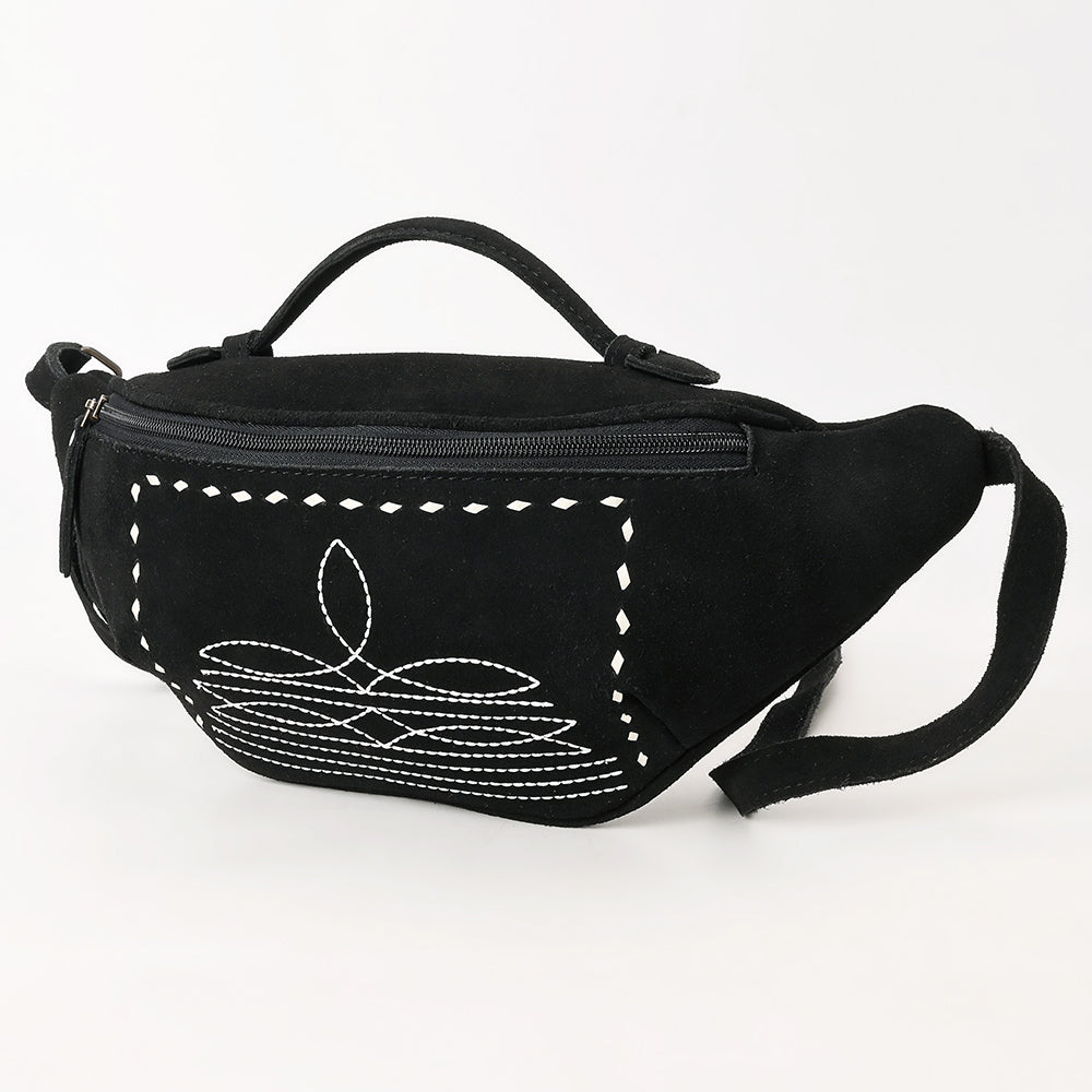 ADBG1618A Black Suede Western Fanny Bag with White Southwestern Stitching