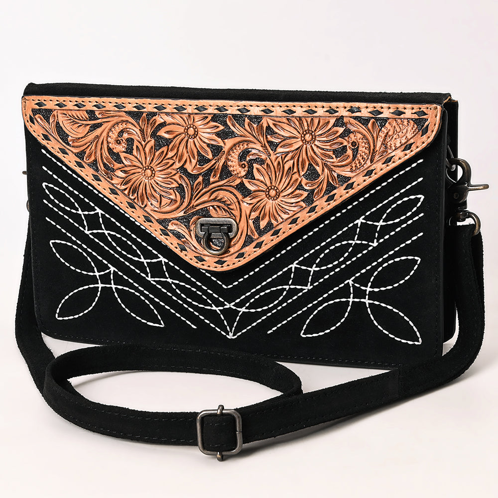 ADBG1623A Western Floral Tooled Leather Envelope Bag - Black Suede Envelope by American Darling