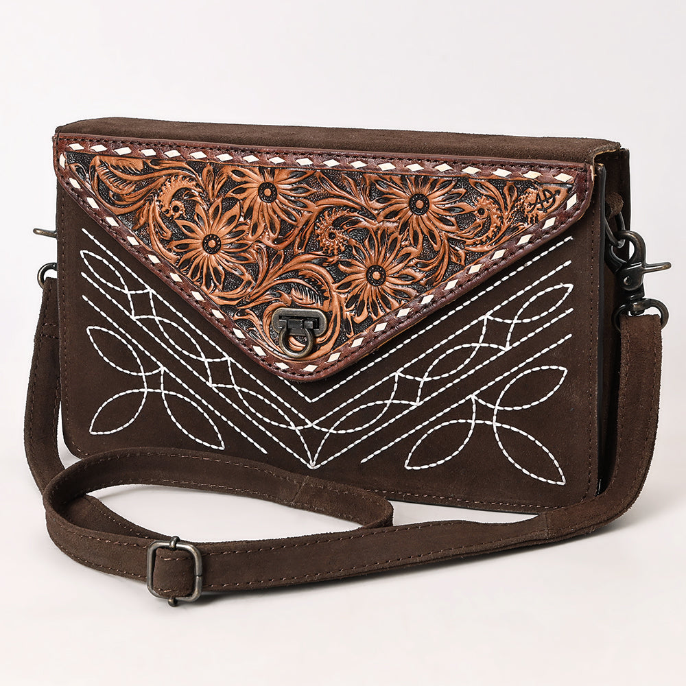 ADBG1623 Suede Envelope Crossbody Bag with Floral Tooled Leather Flap & White Embroidery