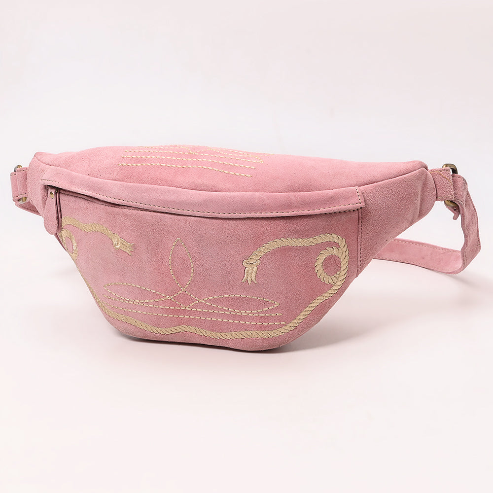 ADBGA668 Western Pink Suede Belt Bag with Rope Embroidery-Rodeo Waist Pack