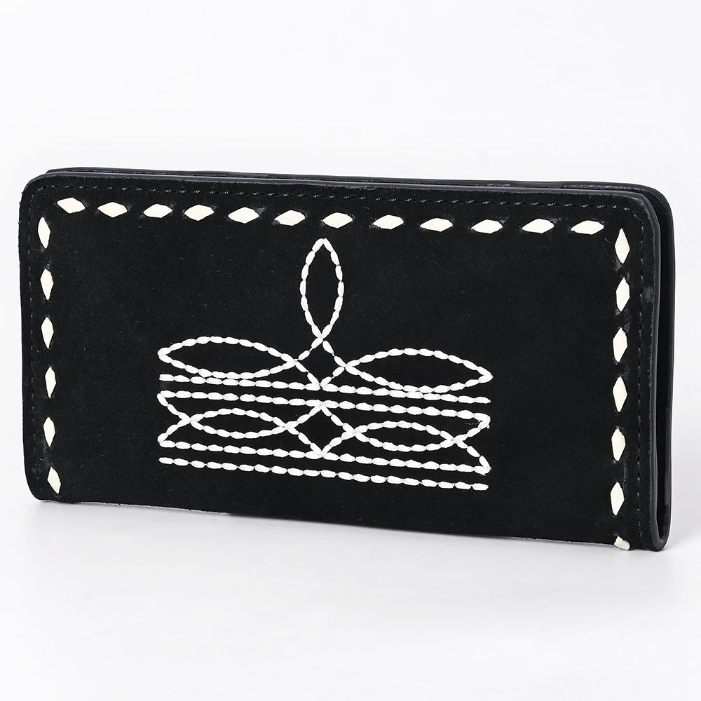 ADBG1687A Black Suede Leather Wallet with White Whipstitch Embroidery - Western Style