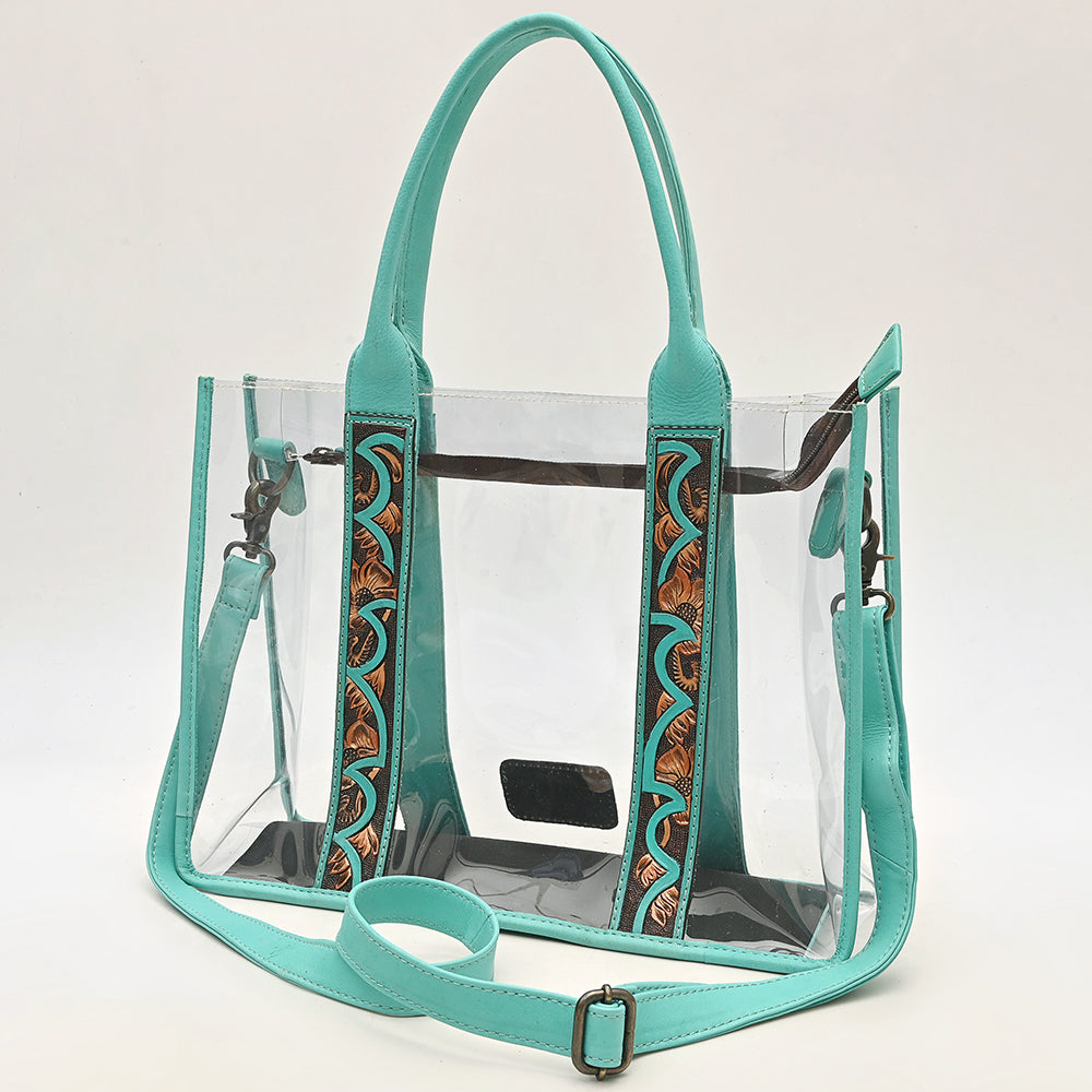 ADBG1696 Clear Stadium Tote with Tooled Turquoise Leather Trim
