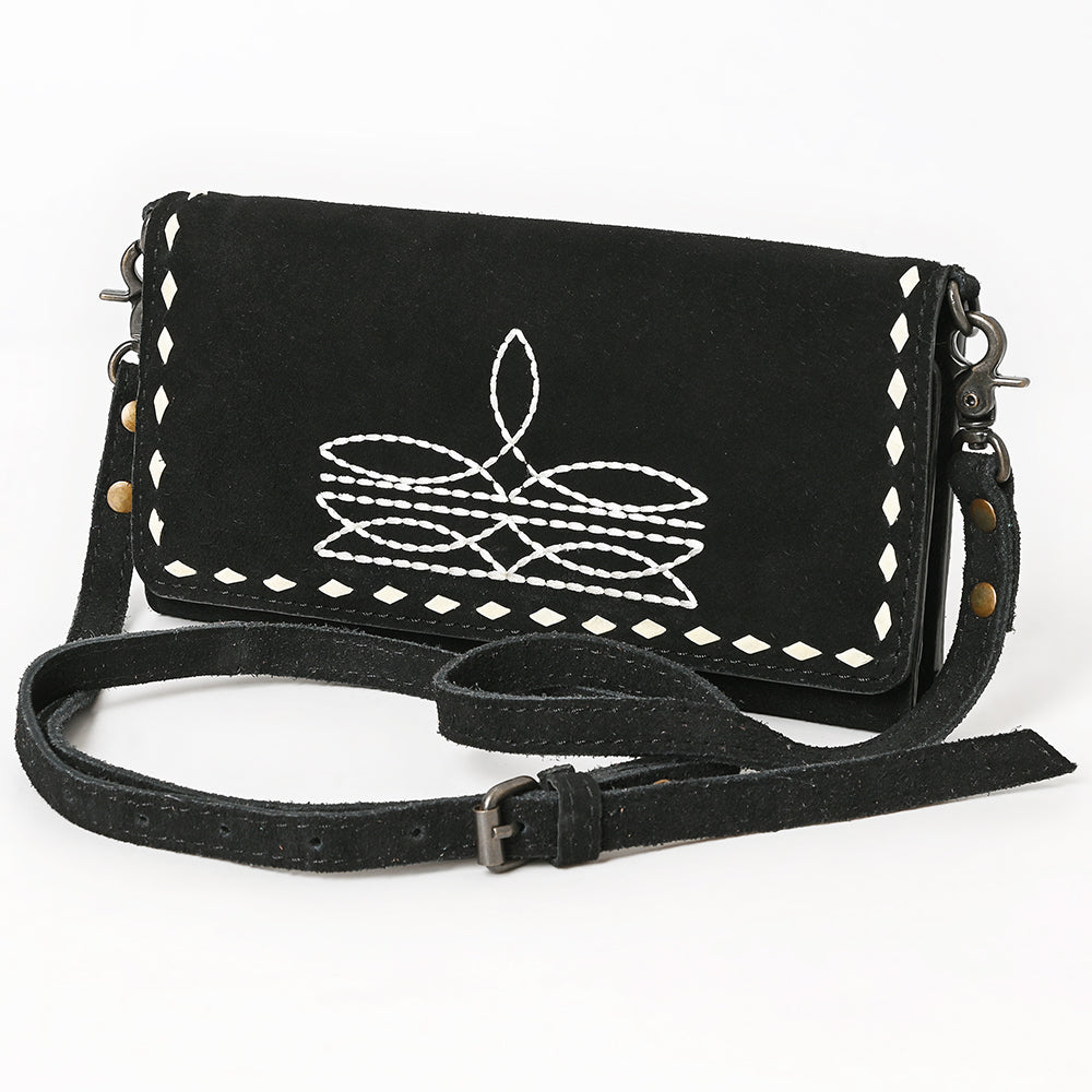 ADBG1712A Black Suede Wallet Bag with White Hand-Stitched Western Design