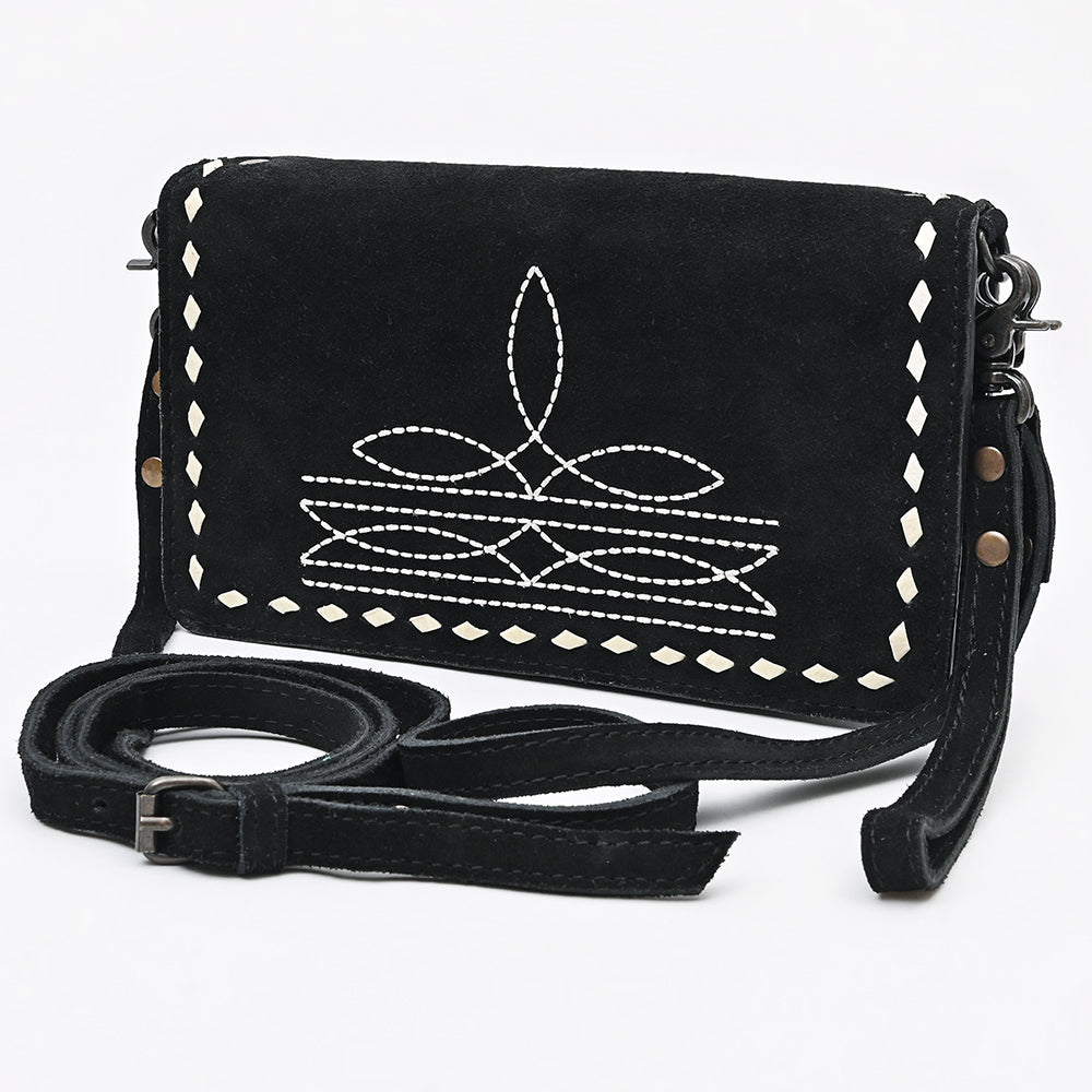 ADBG1717 Western Black Suede Wallet Bag with White Stitch Embroidery