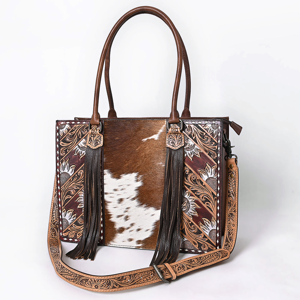 ADBG1718 Tooled Leather & Cowhide Western Tote Bag with Fringe and Floral Embroidery