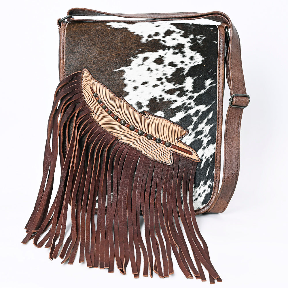 ADBG1074 Genuine Black & White or Brown Hair-On-Hide -Feather Tooled Fringe Cowhide Leather Crossbody Bag-Western Chaps Style by American Darling