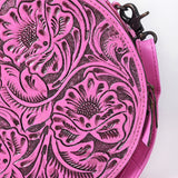 ADBG1300B Pink Tooled Leather Round Crossbody Bag with Top Handle