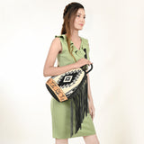 ADBG1125A Southwestern Sling Backpack-Black & White Tribal Wool Bag with Tooled Leather and Fringe