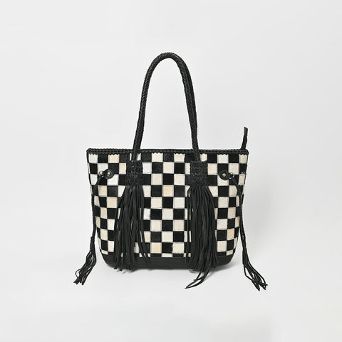 ADBGM738 American Darling Checkered Hair-on Leather Tote Bag with Fringe Trim