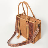 ADBG230 Hand Tooled Leather Tote Bag with Natural Floral Tooled Leather Panels & Fringes