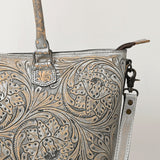ADBG1246 Hand-Tooled Metallic Silver Leather Tote Bag - Western Floral Design with Dual Handles