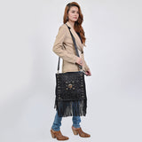 ADBGA881 Black Tooled Leather Fringe Crossbody - Western Concho & Turquoise Accent Bag
