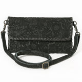 ADBG1645 Black Floral Embossed Leather Clutch Crossbody Bag with Whipstitch Trim