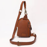 ADBGA651 Tooled Leather Sling Backpack with Cowhide Inlay & White Lacing Trim