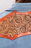 LC-ADSH024 Genuine Leather Hand Tooled Women 100% Cotton Denim Shirt Jacket Dress