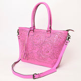 ADBG1246 Hand-Tooled Metallic Silver Leather Tote Bag - Western Floral Design with Dual Handles