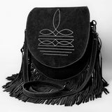 ADBGA713 Suede Western Fringe Crossbody Bag - White Stitch Design with Flap Closure