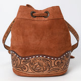 ADBG1656 Tan Suede Bucket Bag with Tooled Leather, White Embroidery & Drawstring Closure