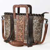 ADBG1298 Cowhide Leather Tote Bag - Tooled Floral Center, Fringe Sides & Structured Handles