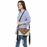 ADBG1582 Cowhide & Tooled Leather Envelope Clutch - Western Crossbody with Braided Strap & Fringe