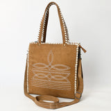 ADBG1590 Suede Western Tote Bag - White Embroidered Whipstitch Purse with Crossbody Strap