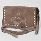 ADBG1717 Suede Leather Wallet Bag with White Western Stitch Embroidery