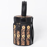ADBGA783 Black Cylindrical Tooled Leather Case – Floral Carved Western Vanity with Handle