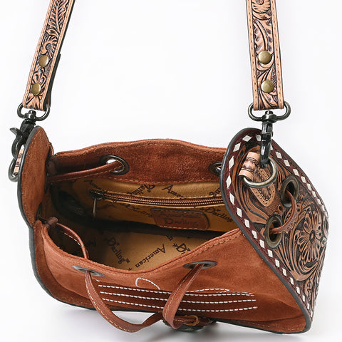 ADBG1749 American Darling Hand Tooled Floral Genuine Suede Crossbody Bag with Boot Stitch and Concho