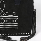 ADBG1629 Black Suede Western Tote Bag with White Stitch Embroidery & Shoulder Strap