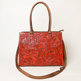 ADBG1317 Red Tooled Leather Western Tote Bag - Floral Hand-Carved Shoulder Purse