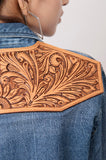 LC-ADSH025 Genuine Leather Hand Tooled Women 100% Cotton Denim Shirt Jacket Dress