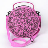 ADBG1300B Pink Tooled Leather Round Crossbody Bag with Top Handle