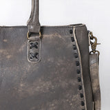 ADBGM127E Distressed Grey Leather Tote Bag - Western Whipstitch Handbag with Crossbody Strap