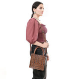 ADBG1608 Compact Handtooled Leather Crossbody Tote Bag with Geometric Floral Pattern